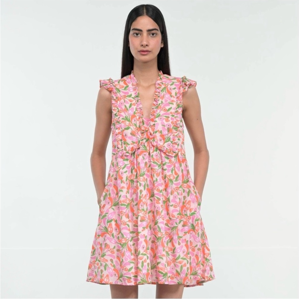 Banjanan Pink Green Floral Ellian Dress Flutter Cap Sleeve Size Small - Picture 3 of 12